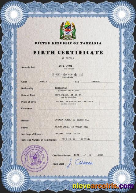Tanzania birth certificate